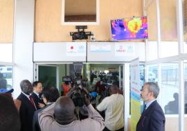 Honorable Dr Riek Gai Kok, Minister of Health launching the thermal scanner 