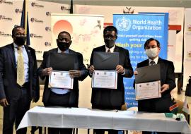 Executive Director of the Ministry of Health and Social Services, Mr. Ben Nangombe, Minister of Health and Social Services, Hon. Dr Kalumbi Shangula, WHO Representative, Dr. Charles Sagoe-Moses and Ambassodor of Japan to Namibia, HE Hideaki Harada