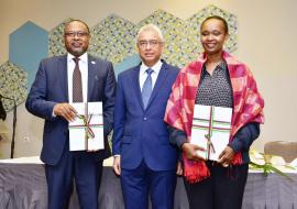 Dr Laurent Musango, WHO Representative in Mauritius, Hon. P. K. Jugnauth, Prime Minister of the Republic of Mauritius (centre) and Mrs Christine Umutoni, UN Resident Coordinator during the launching of the Health Sector Strategic Plan 2020-2024 