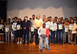 Group photo: Dr L. Musango, WHO Representative in Mauritius and Hon Mr S. Toussaint, Minister of Youth Empowerment, Sports and Recreation (in the centre) with the participants of the National Info Clip Competition