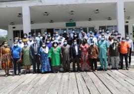 Group photo of senior officials from the Ministry of Health and Sanitation including the Chief Medical Officer, the two  Deputy Chief Medical Officers (Public Health and Clinicals), Directors, Managers and technical and management officials and of their counterparts from the WHO Country Office at the retreat
