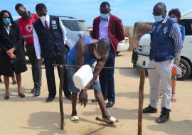 Dr Charles Sagoe-Moses, WHO Representative with Dr Leonard Kabongo, Chief Medical Officer with a team from MoHSS, WHO and Namibia Red Cross Society on a mission in Swakopmund in Erongo Region during the implementation of the HEV E interventions in 2020