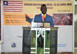 Dr Jerry Brown- Chief Executive Officer JFK Medical centre- Guest of honour- speaking during the launch of the African Vaccination Week 2022