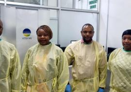  Ministry of Health and Child Care, Chief Director Public Health. Munyaradzi Dobbie (left) and some of the scientists who received on-the-job training in MALDI-TOF MS technology