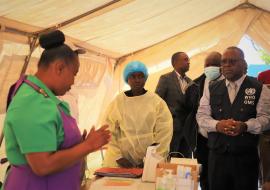 The WHO Representative a.i., Professor Jean-Marie Dangou, at Glenview 1 Cholera Treatment Centre 