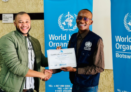 Dr Theo Ntenegi WHO Botswana Case Management Officer presenting an award of completion to a Basic Emergency Care graduate following the Greater Gaborone district training in May 2023 Dr Theo Ntenegi WHO Botswana Case Management Officer presenting an award of completion to a Basic Emergency Care graduate following the Greater Gaborone district training in May 2023