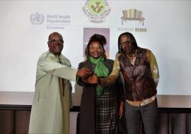 WHO Zimbabwe Country Representative a.i Professor Jean-Marie Dangou(Left),Dr. Patience Maunganidze, MoHCC Deputy Director of the Mental Health Department (middle) and Friendship Bench Director Professor, Dixon Chibanda 