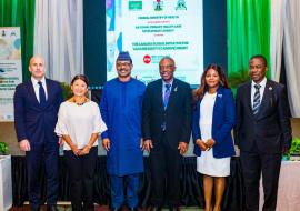     Left to right - The Canadian High Commissioner, WHO EPR Cluster Lead,  ED NPHCDA, WHO Country Representative, Director of Surveillance NCDC  and Director of Disease Control and Immunization- NPHCDA, at the launching of the CanGIVE grant in Abuja. 