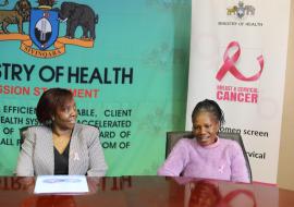 Dr Susan Tembo WHO Representative Eswatini  (left) at the event looking on while Fikile Hlatjwayo narrates her cancer journey.  