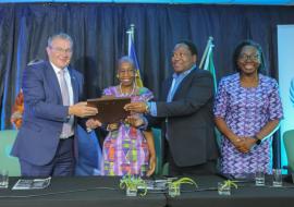 HE Charles Moore, UK High Commissioner to Namibia, Ms. Hopolang Phororo, UN Resident Coordinator, Mr. Mzingisi Gqwede, the Director of Adult Education in the Ministry of Education, Arts and Culture and Dr Mary Brantuo, WHO Namibia Officer-in-Charge 