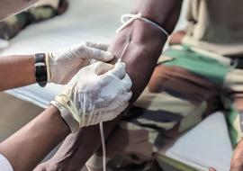 A volunteer donating blood during the World Blood Donor Day event at the Bwiam General Hospital