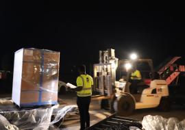 Loading of malaria vaccines underway at Roberts International Airport in Margibi , Liberia