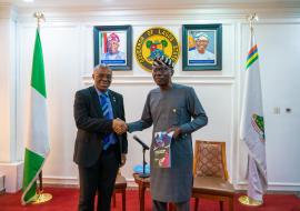 WHO Nigeri Country Representative Dr W.K Mulombo presenting the CCSIV document to Lagos State Governor, Mr B. Sanwo-Olu during an advocacy visit in Lagos. WHO Nigeri Country Representative Dr W.K Mulombo presenting the CCSIV document to Lagos State Governor, Mr B. Sanwo-Olu during an advocacy visit in Lagos.