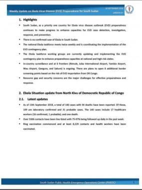Weekly Update on Ebola Virus Disease (EVD) Preparedness for South Sudan