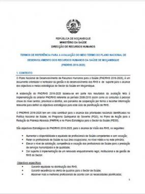 TERMOS DE REFERÊNCIA PARA A AVALIAÇÃO DO MEIO TERMO DO PLANO NACIONAL DE DESENVOLVIMENTO DOS RECURSOS HUMANOS DA SAÚDE DE MOÇAMBIQUE (PNDRHS 2016-2025)