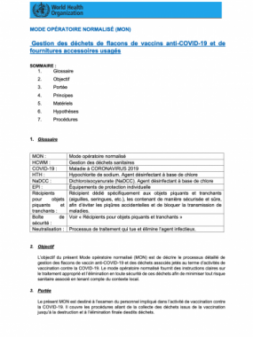 Mode Opératoire Normalisé (MON) : Gestion des déchets de flacons de vaccins anti-COVID-19 et de fournitures accessoires usagés