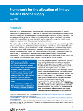 Framework for the allocation of limited malaria vaccine supply