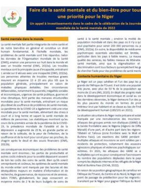 Faire de la santé mentale et du bien-être pour tous une priorité pour le Niger : Un appel à investissements dans le cadre de la célébration de la Journée mondiale de la Santé mentale de 2022