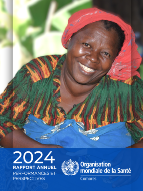 Couverture du Rapport annuel 2024 de l'OMS Comores - Madame Amina Said, mère de 7 enfants, native de Tsembehou sur l’île d’Anjouan, Comores.
