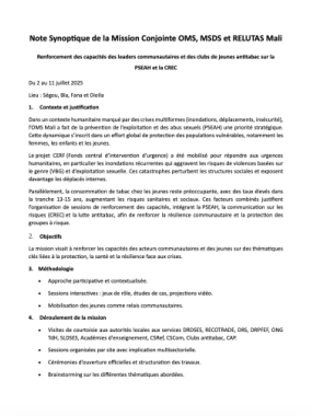 Note Synoptique de la Mission Conjointe OMS, MSDS et RELUTAS Mali