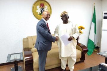 Professor Adewole (Right) welcoming Dr Alemu to his office in Abuja.