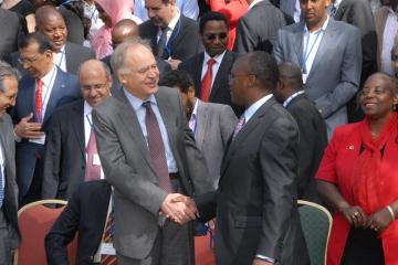 Cabinet Secretary James Macharia meets with the HOA-TAG chairman Dr Jean-Marc Olive’ during the meeting.