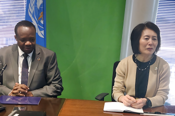 WHO Representative Dr. Fabian Ndezako engaging with Ms. Wenyan Yang, the new UN Resident Coordinator in Botswana