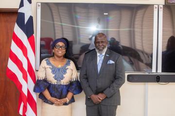 WHO Representative Dr Olushayo Olu with Liberia's Minister of Foreign Affairs H.E. Sara Beysolow Nyanti