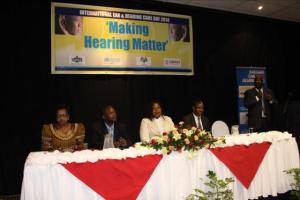 From left to right seated: Mrs. Rejoice Nkambule-Deputy Director Public Health; Dr Simon Zwane– Acting Principal Secretary; Senator Sibongile Ndlela-Simelane-Honourable Minister of Health and Dr Owen Kaluwa– WR WHO whilst Dr Vusi Magagula-Deputy Director Clinical , directs the event