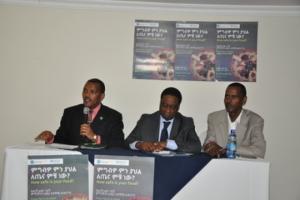 Dr Kebede Worku, Dr Pierre M'pele and Mr Waltaji Terfa moderating the discussion during the World Health Day Commemoration, 7 April 2015.