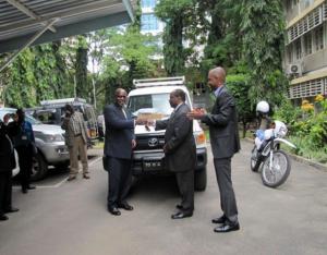 WHO Representative, Dr. Rufaro Chatora, handing over keys for the vehicle and equipment to the Ag. Permanent Secretary for Health and Social Welfare, at the Ministry of Health premises