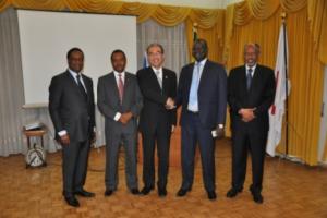 L-R: Dr Pierre M'Pele-Kilebou, WHO Representative; Mr Bornwell Kantande UNHCR Deputy Representative; Mr Kazuhiro Suzuki, Ambassador of Japan ; Mr Gatluak Tut Khot, President of Gambella Regional State of Ethiopia; Mr Mohamed Diab, WFP Country Director a.i