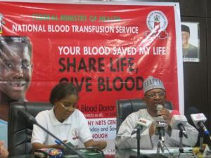 Minister of State for Health, Dr Osagie Ehanire (right) addressing journalists on 2016 World Blood Donor Day