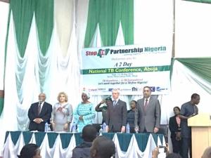 Dr Goosby (1st left) Mrs Oshibajo (middle) and Dr Vaz (1st right) at the opening ceremony of the TB conference