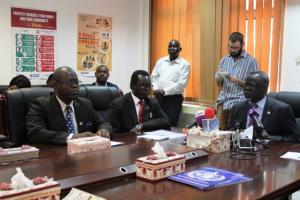 Minister of Health, Dr Riek Gai Kok, addressing the press conterence on cholera in Juba, alongside the Minister of Health for Central Equatoria State, Hon. Dr. Felix Ladu and WHO Country Representative Dr. Tarande Manzila