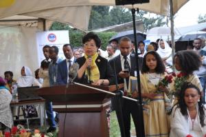 Dr Margaret Chan speaking at the vaccination event.