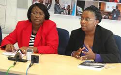 Left to right: The Namibian Red Cross Society, Executive Secretary, Ms Dorcas Kapembe-Haiduwa and WHO Representative to Namibia, Dr Magda Robalo partner in health response through training of 200 Red Cross volunteers to avert disease outbreaks.