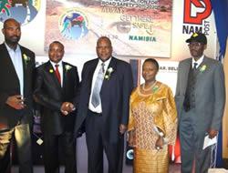 From left to right: CEO of the MVA, Jerry Mr Jerry Muadinhohamba, CEO of Nampost, Mr Festus Hangula, Honourable Minister of Works and Transport, Mr ErkkiNghimtina, WHO Representative, Dr Magda Robalo and NRSC, Executive Secretary, Eugene Tendekule, unveil the commemorative stamp to mark the Global Decade of Action for Road Safety.