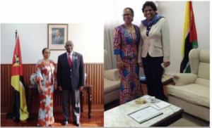 Representante da OMS, Dra. Djamila Khady Cabral: À esquerda: Com Sua Excelência o Ministro dos Negócios Estrangeiros e Cooperação, Dr. Oldemiro Baloi À Direita: Com Sua Excelência a Ministra da Saúde, Dra. Nazira Vali Abdula