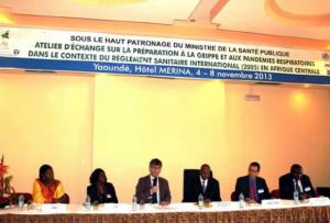 Le Secrétaire d’Etat à la Santé, 3è à partir de la droite ; le Représentant de l’OMS à l’extrême gauche suivie de la Directrice Nationale du CDC et du Directeur Général du Centre Pasteur du Cameroun ; Le Représentant du DHHS et le Responsable du CNR de la grippe au Cameroun, 5è et 6è à partir de la gauche