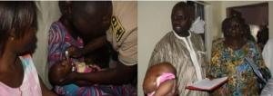 Le Gouverneur de la Région de Dakar vaccine un enfant et le Maire de la Commune d’arrondissement de Patte d’Oie Builders s’apprêtant à remplir la fiche de pointage.