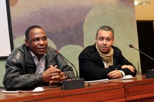 Luis Wamusse (on left), Director of FAVIM at 13th Meeting of States Parties to the Convention in Geneva. Photo by Giovannu Diffidenti