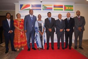 Group photo WHO RD for Africa Dr Matshidiso Moeti with President of the Republic of Seychelles Danny Faure at the opening (centre)