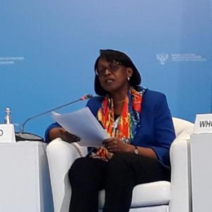 Dr Moeti delivering her speech at the first WHO Global Ministerial Conference on ending TB in the sustainable development era