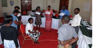 A Training of the Trainers session on strengthening the health sector's response to violence against women in Uganda. Participants learn how to improve their referral plans by learning about the difficulties survivors face when being referred to various services.