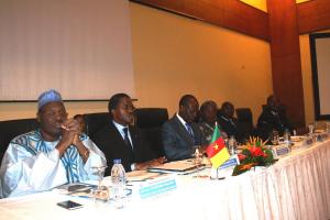 Une vue de la table d’honneur de la cérémonie d’ouverture : le Ministre de la Santé Publique Monsieur André Mama Fouda deuxième à partir de la gauche, à sa droite le Ministre de la Communication, Monsieur Issa Chiroma Bakary,  à sa gauche le Représentant de l’OMS Docteur Jean-Baptiste Roungou, la Présidente du CRCA  Professeur Rose Leke