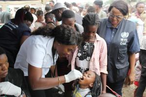 WHO National Professional Officer Dr. Sarai Malumo participating in activities at the launch of the OCV campaign in Kanyama