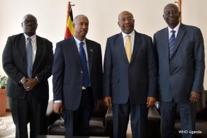 Left to right: New Vaccines Country Advisor Mr. Andrew Bakainaga, WHO Representative Dr. YOnas Tegen, Prime Minister of Uganda- Dr. Ruhakana Rugunda and Outgoing WHO Representative- Dr. Jack Abdoulie at the Office of the Prime Minister 