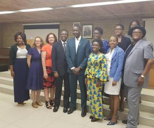 Minister of Health and Social Services, Dr Benhard Haufiku with his Deputy and Permanent Secretary, UN Resident Coordinator, Heads of UN Agencies and the team from the National Emergency Response Committee