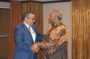 Uganda's Prime Minister Rt. Dr Ruhakana Rugunda (right) receives WHO Director General Dr Tedros at the Kampala Serena Hotel